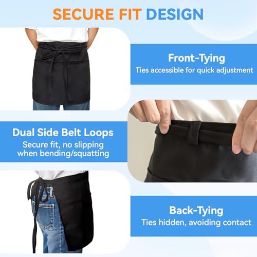 LOHYILYE Server Aprons with 3 Pockets, Waitress Waiter Waist Apron, Half Short Serving Apron for Women Men, Black 1 Pack, 12 inch — view 2