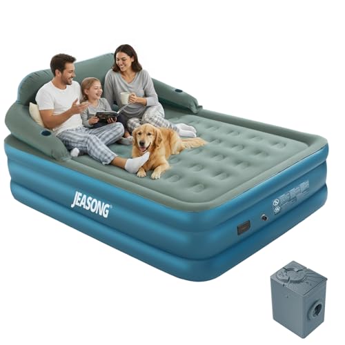 JEASONG Queen Air Mattress with Built-in Rechargeable Battery Pump & Headboard, 20 Inch Elevated Airbed Blow Up Mattress, 700 lbs Inflatable Mattress, Portable Air Bed Blow Up Bed for Home & Camping
