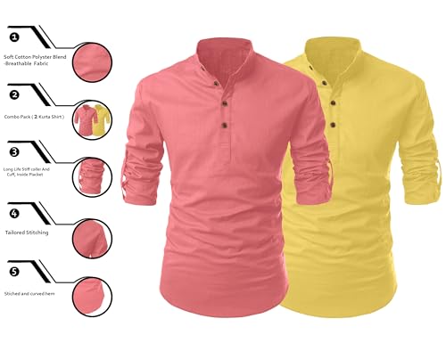 Image of FINIVO FASHION Combo of Men's Cotton Blend Solid Regular Fit Full Sleeve Straight Short Kurta Shirt, Casual and Formal Wear