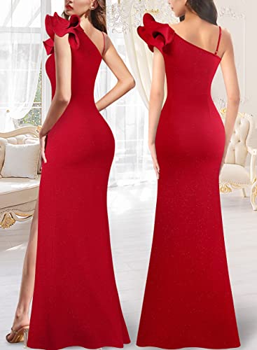 Image of VFSHOW Womens Ruffle One Shoulder Strap Ruched Formal Prom Wedding Maxi Dress V Neck Elegant Split Cocktail Evening Long Gown
