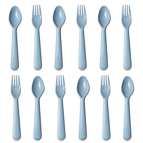 Muulaii 12 Pcs Plastic Toddler Utensils Set 6 Kids Forks and 6 Kids Spoons BPA Free/Dishwasher Safe Toddler Silverware Brightly Colored Kid Plastic Cutlery Set-Blue