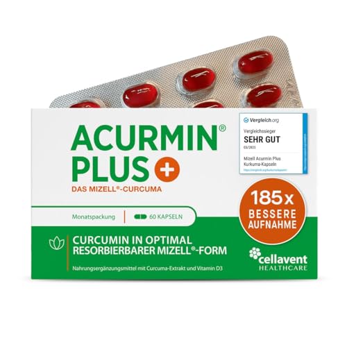 185x effektivere Kurkuma Kapseln - 10.000 mg Kurkuma Pulver/Tag - Kurkuma hochdosiert ohne Piperin - Mizell Curcuma - 95{41652780a865437c86486f559856f2e6281dd5a35daf1b6233b821f3de65f8fb} Curcumin - mit Vitamin D3 für Knochen - Acurmin PLUS, 60 Kapseln 185x effektivere Kurkuma Kapseln - 10.000 mg Kurkuma Pulver/Tag - Kurkuma hochdosiert ohne Piperin - Mizell Curcuma - 95{41652780a865437c86486f559856f2e6281dd5a35daf1b6233b821f3de65f8fb} Curcumin - mit Vitamin D3 für Knochen - Acurmin PLUS, 60 Kapseln