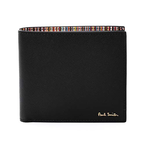 [名入れ可] Paul Smith ポールスミス 正規品 本革 財布 二つ折り財布 マルチストライプ レザー 革 本革 小銭入れあり M1A 4833X ASTRAW (ブラック, 名入れなし)