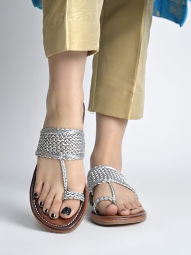 Image of Shoetopia Women's Kolhapuri Flats - Handwoven Bunai Sandals with Toe Loop | Ethnic Slip-On Chappals for Casual Festive