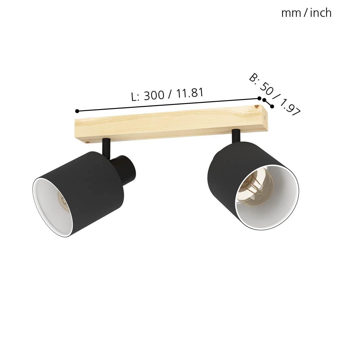 EGLO Ceiling Light Batallas, 2 Light Scandi Look Lighting Made of Wood and Fabric - Image 3
