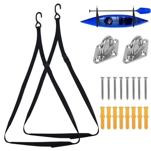 VEITHI Kayak Storage from Wall or Ceiling Holds 100 lbs,Adjustable Single Kayak Storage Strap with Carabiner Paddle Clips,Kayak Storage Sling for Indoor and Outdoor Kayak & Surfboards, SUP or Canoe