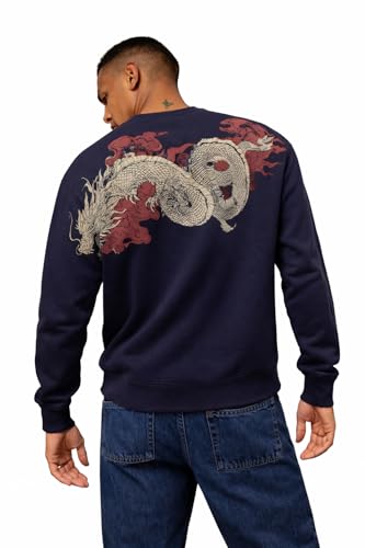 Image of The Souled Store Year of The Dragon Men and Boys Long Sleeve Round Neck Navy Blue Graphic Printed Cotton Polyester Blend Drop Shoulder Streetwear Trendy Winter Ready Oversized Sweatshirt