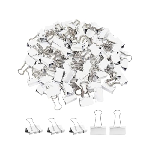 FSSTUD 100 Stück weiße Metall-Binder-Clips, klein, zurückklappbar, Federstahl, Büroklammern, Bürobedarf, Papierklemmen für Geschäft, 15 mm