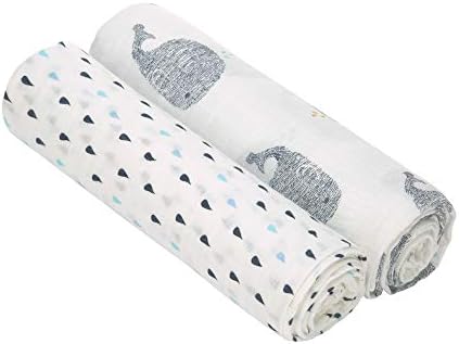 LÄSSIG Baby Puckdecke Spuckdecke Pucktuch Mulltuch 2er Set Baumwolle 120 x 120 cm/Heavenly Soft Swaddle XL Little Water Whale