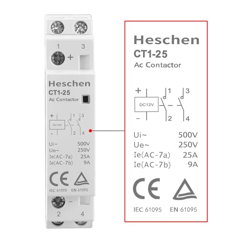 Heschen Haushalt AC Schütz, CT1-25,25A 2-polig zwei normal offen, DC 12V Spulenspannung, 35mm DIN-Schienenaufnahme, für Schaltkreissteuerung