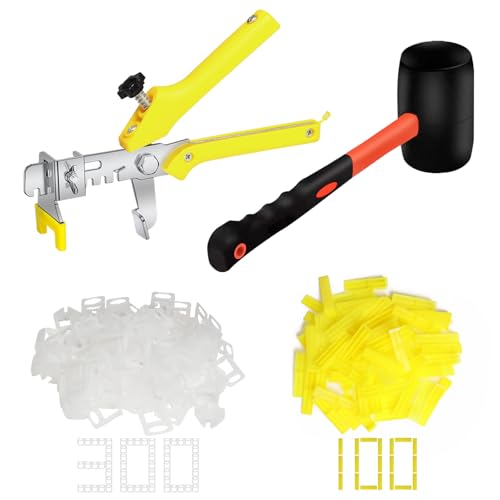 Storystore Tile Leveling System with Tile Pliers and Hammer - 300 Piece Tile Spacers Clips and 100 Piece Reusable Wedges, 1/16 Inch Tile Installation Tools Kit