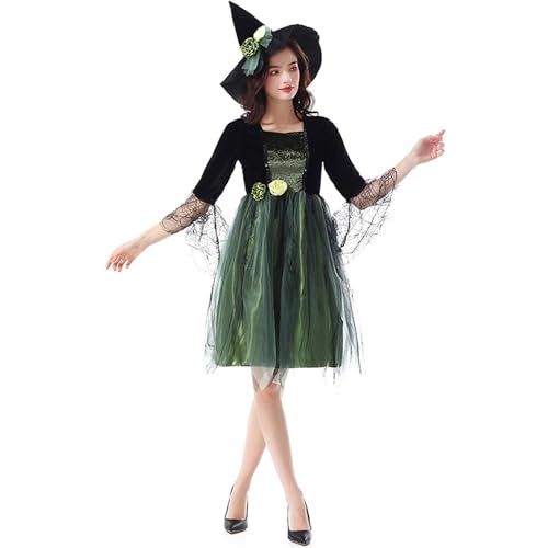 Genérico Disfraz Cosplay Halloween Corto Estilo Bruja Hada Falda Abultada Oscuro Festival Evento Suelto Todas Las Temporadas, verde, S