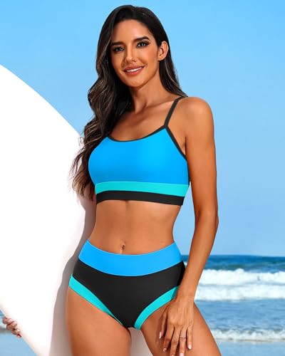Charmo Women Two Piece Bikini Sporty Bathing Suits High Waisted Color Block Swimsuit Scoop Neck Swimwear Blue S thumb #3