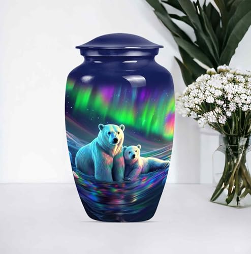 Image of Northern Lights Polar Bear Urn for Adult Ashes Male & Female - Large Memorial Urns for Human Ashes - Elegant Aurora Borealis Themed Burial Urns - Decorative Urn (Large 10 inch)