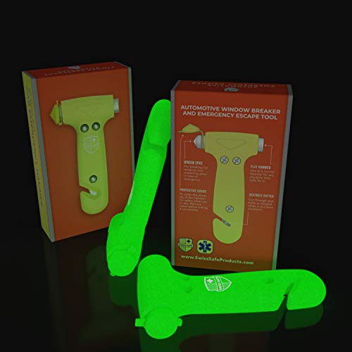 Swiss Safe 5-In-1 Car Safety Hammer, Emergency Escape Tool With Car Window Breaker And Seatbelt Cutter, Glow In The Dark, 2 Pack #TOP3