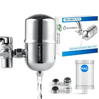 WINGSOL Faucet Water Filter Stainless-Steel Reduce Chlorine Speedy Flow, Japan PAC Filter Improve Taste, Faucet Filters for Faucets-Fits Standard Faucets