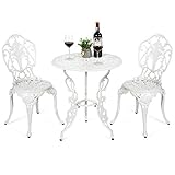 【Dekoratives, ausgestanztes Blumendesign】Das feine Rosenmuster und die elegante weiße Lackierung dekorieren den Tisch und beide Stühle und verleihen den Möbelstücken einen stilvollen und eleganten Charme. So wird diese Garten-Sitzgarnitur zu einer idealen Ergänzung für jeden Außenbereich, wie Ihren Garten, Hinterhof, Terrasse oder neben dem Pool etc.