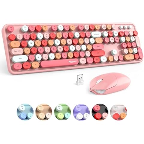 MOFII Wireless Keyboard and Mouse, Pink Colorful Round Key Retro Typewriter Keyboards, USB Wireless 2.4G Full Size Keyboard and Cute Mice Combo for Computer, Laptop, PC, Chromebook, Smart TV Cover