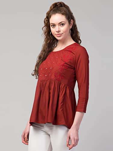 Image of FIMS - Fashion is my style Women Cotton Pleated & Gathered Embroidery Stone Full Sleeves Top Regular Fit Round Neck Tops for Girls