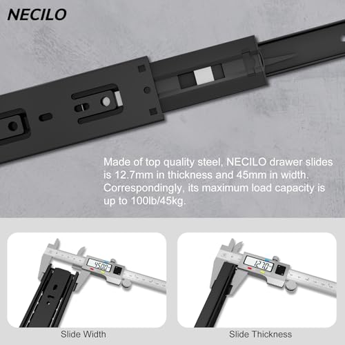 NECILO Push to Open Schubladenschienen 350mm, 45kg Belastbarkeit, Schubladenauszug Vollauszug, Dritter Teil abnehmbar, Seitenmontage, Schrauben inklusive, 1 Paar