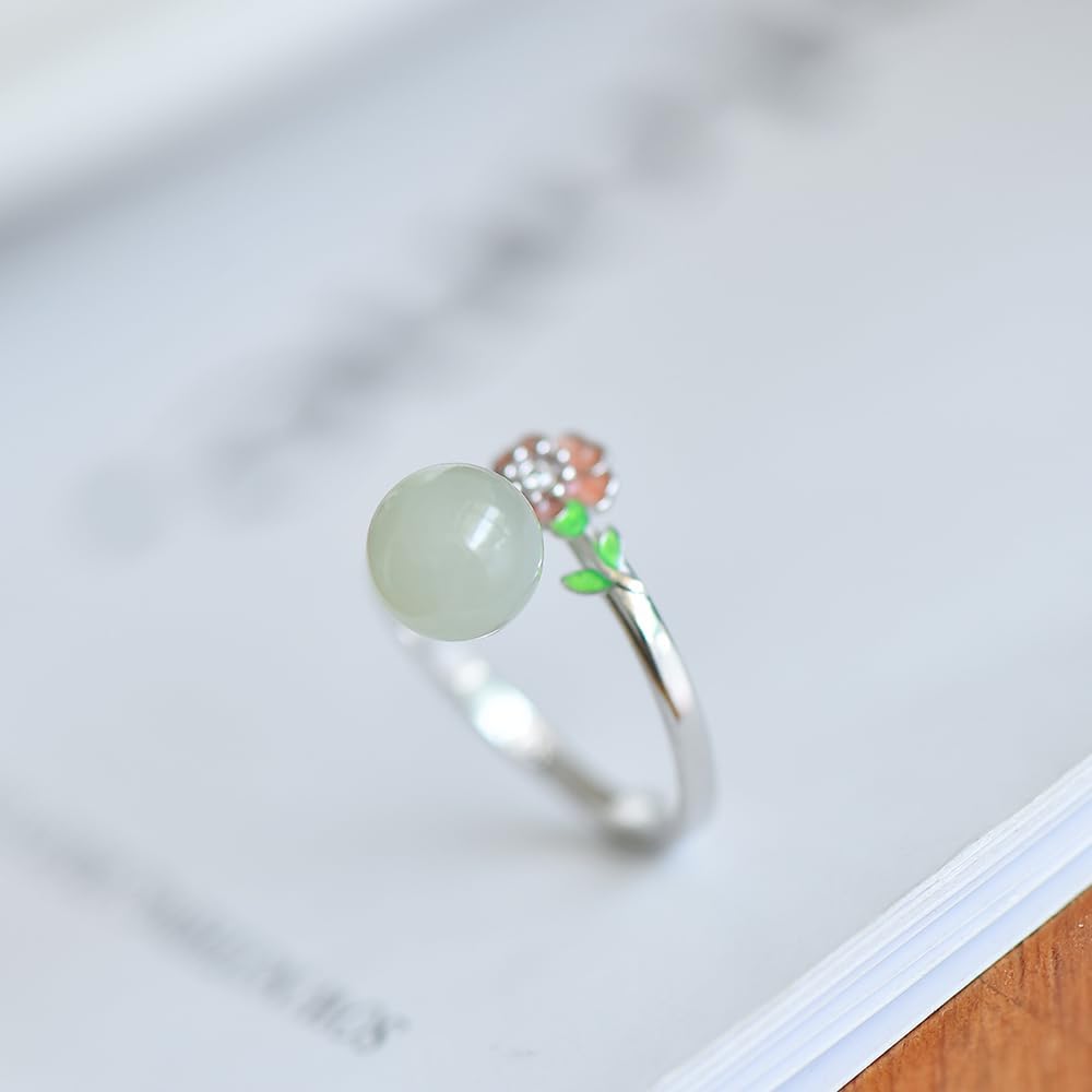 S925 Silver-Inlaid Natural Cyan White Jade Round Bead Enamel Ring Opening Adjustable Including Certificate