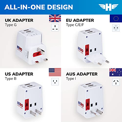 Hero Universal Travel Adapter (2 USB Ports) – Power Plug for US Europe France UK Ireland Thailand NZ Australia 100+ Countries White - Thumbnail 4