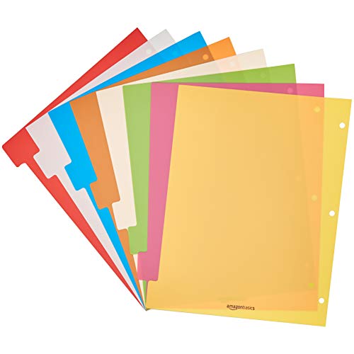Amazon Basics 3-Ring Binder Plastic Divider Set, 3-Hole Punched Letter Size 8-Tab Dividers, 6 Pack, Assorted Color #TOP1