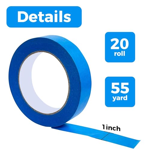 Image of 20 Rolls Blue Painters Tape 1 inch，Blue Painters Tapes，Blues Masking Tapes，Painters Tape Bulk，Suitable for Paint, wall, Painting, Indoor and Outdoor (1 inch X55 Yards, Total 1100 Yards)