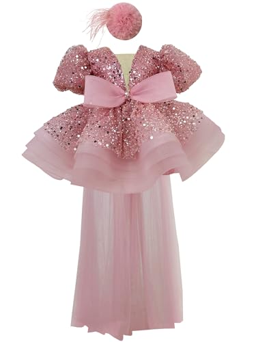 Sequins Pageant Princess Dress Toddler Girls Bubble Sleeves Birthday Party Dress Flower Girls Tutu Detachable Tail