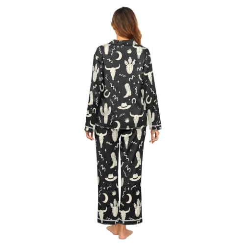 Image of Womens Silk Satin Pajamas Set Western Theme Womens Short Sleeve Shorts Set 2 Piece Sleepwear Lounge Set S-XXL