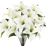 Riceshoot 12 Pcs Artificial Tiger Lily Flowers Real Touch Easter White Latex Fake Lily Bouquet Faux Flowers for Easter Indoor Home Table Office Wedding Decoration