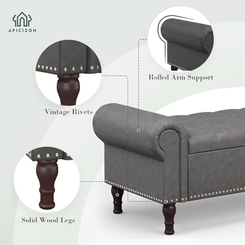 Apicizon 60” Bench with Storage, Upholstered Tufted Button Bedroom Bench with Storage, Faux Leather End of Bed Bench with Rolled Arms, Storage Ottoman Bench for Bedroom, Living Room, Entryway, Gray - Thumbnail 4