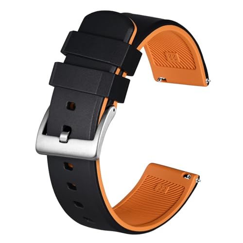 Image of BISONSTRAP Men’s Rubber Watch Band, Two-Tone Rubber Watch Straps, Quick Release, 20mm, Black-Orange (Silver Buckle)