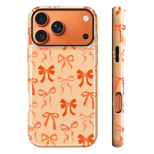 Image of Magnetic for iPhone 17 Pro Max Case for Women Men, Orange Bow | Cute Ribbon Bow Pattern Design [Compatible with MagSafe] 2-Layer Hybrid Shockproof Glossy Protective Cover