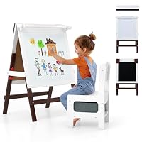GOPLUS Tableau Enfant Double Face 3 en 1, Chevalet Enfant avec Tableau Blanc Noir et Rouleau de Papier, Chevalet Peinture en Bois avec Étagère, 3 Pots et 2 Tiroirs, pour 3 à