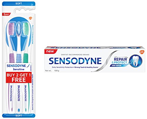 Image of Sensodyne Toothpaste Repair & Protect, 100 gm & Sensodyne Toothbrush: Sensitive manual tooth brush with soft rounded bristles for adults, 3 pieces (Multicolor, Buy 2 Get 1 free)