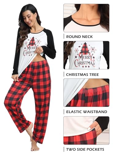 Couples Matching Pajamas Family Christmas Pajamas Set Soft Sleepwear Printed Top and Plaid Pants with Pockets L4