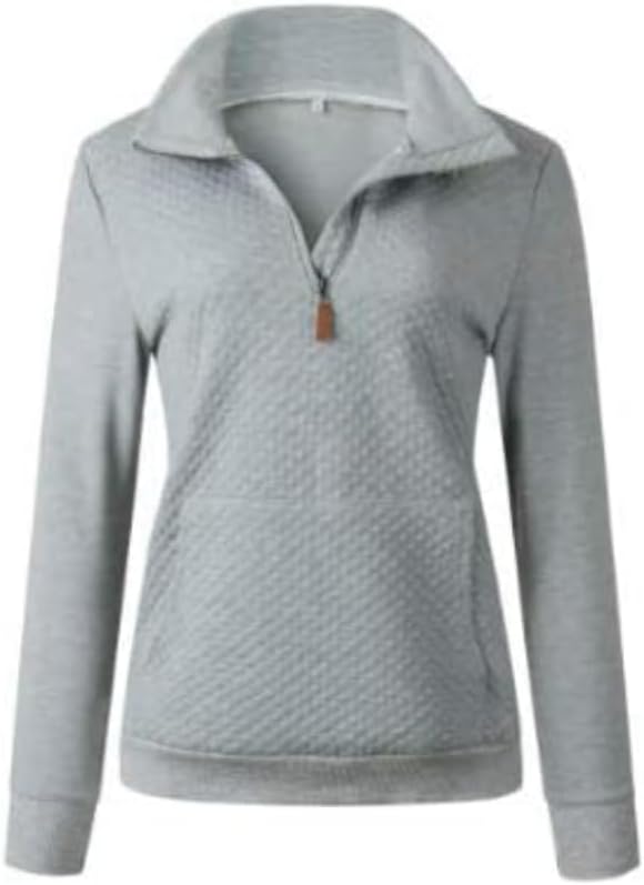 Women's Fashion Quilted Pattern Long Sleeve Casual Zipper Sweatshirt Solid Color Pullover Shirt Top.JNINTH - Image 3