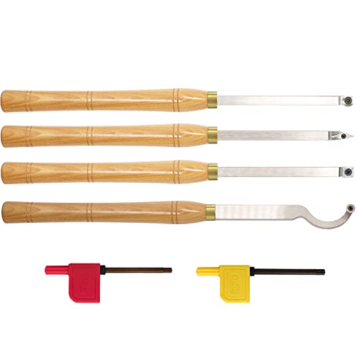 AT04 Carbide Tipped Wood Turning tools Lathe set Rougher Detailer Finisher Swan Neck Hollower with Solid Wood Handle and Diamond Round Square Carbide Inserts 4pcs