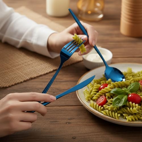 Image of 8 Pcs Blue Slim Handle Stainless Steel Cutlery Set for Dining Table with Spoons and Forks Set + Butterknives - The Perfect Tableware /Flatware