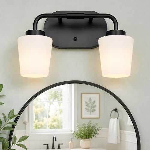 Image of 2-Light Black Bathroom Light Fixtures Over Mirror | Vanity Lighting Fixtures with Milk White Glass, Vintage Farmhouse Wall Sconces Lighting, AD-22004-2W-BK