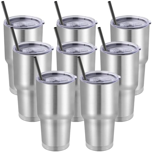 DOMICARE 30oz Tumbler Bulk with Lid and Straw, Double Wall Travel Coffee Mug, Insulated Vacuum Stainless Steel Tumblers, Powder Coated Tumbler Cup (Stainless Steel, 8)