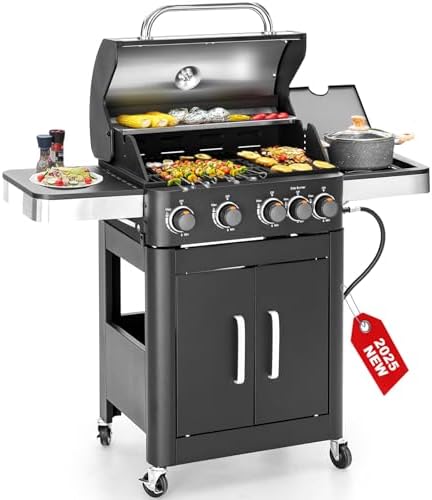 2 in 1 Propane Gas BBQ Grill with Side Burner & Porcelain-Enameled Cast Iron Grate, 4-Burner Flat Top Griddle, 46,700 BTU Outdoor Barbecue Propane Griddle Grill Combo for Camping, Patio, Backyard