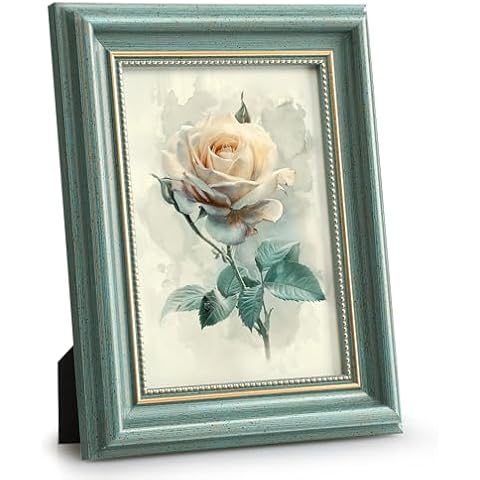 Sapowerntus Vintage 5x7 Picture Frame Blue Distressed Gold Line Beading Photo Frames Antique Wall Hanging Tabletop Display Pale Blue Home Decor Retro Family Unique Gift Cover