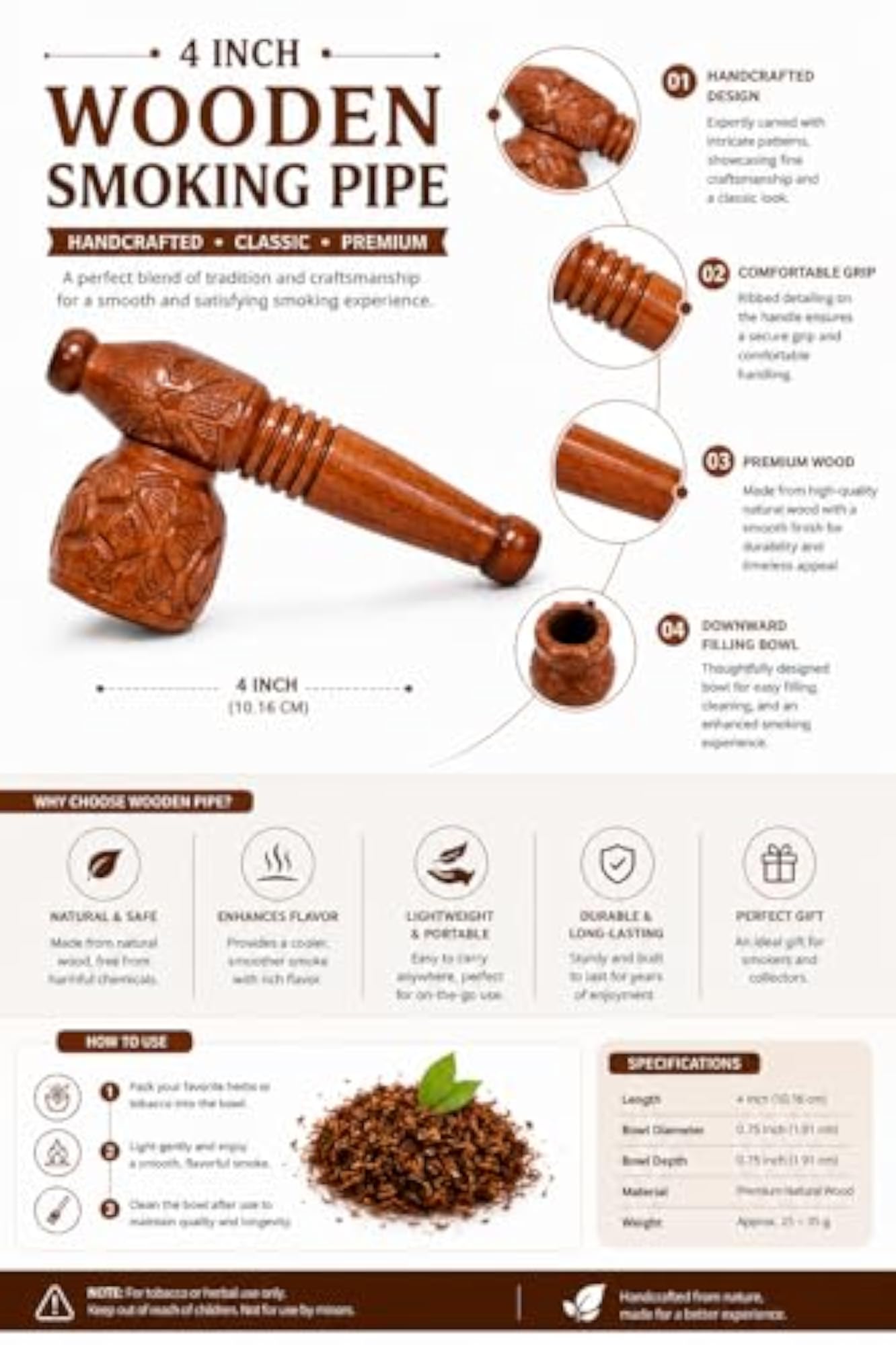 Handcrafted Brown Wooden Smoking Pipe, Compact Design