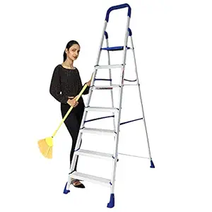 Paffy Premium Foldable Aluminium Step Ladder, Clamber Pro, 7 Steps (Blue & Satin)