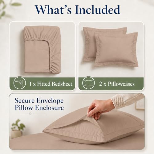 Image of LANE LINEN 100% Organic Cotton Fitted Bedsheet for King Size Bed - Taupe | GOTS Certified, Percale Weave, 78x72 inches, Fits Upto 12 inch Mattress, Soft, Breathable, Washable, 2 Pillow Covers