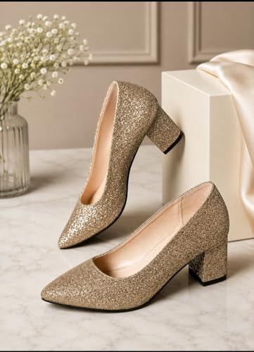 Image of Xocean Women's Pvc Gold Shimmer Pointed Toe Heels Sandal for Wedding Party & Festive