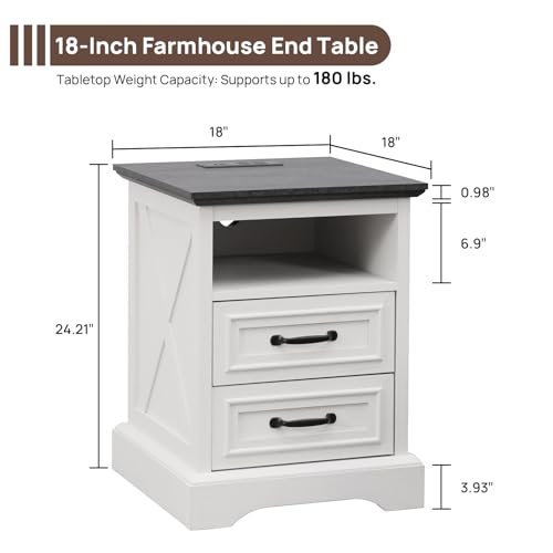 Image of ALBAD Farmhouse Nightstands with Charging Station,White & Black Tabletop | End Tables with 2 Drawers, Cube Storage Organizer, USB Ports, Metal Handles, for Rustic Bedroom Bedside, Living Room, Dorm