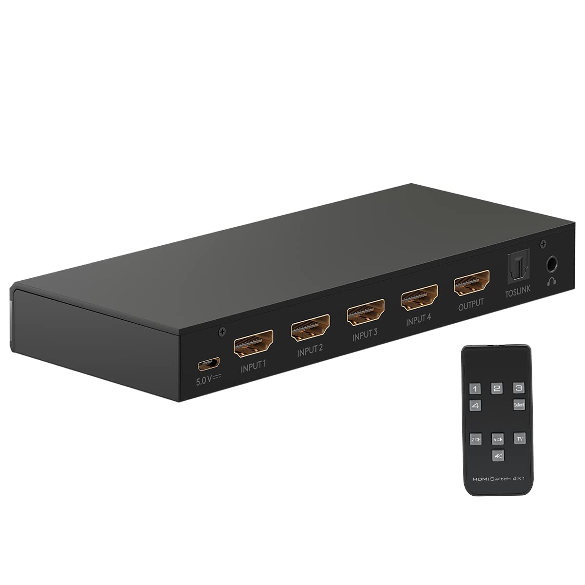 goobay 58490 Conmutador HDMI 4 entradas 1 salida Mando a distancia Conmutador HDMI 4K @ 60Hz 18 Gbit/s Toslink & 3.5mm Jack Caja de conmutación